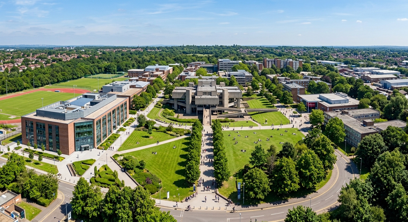 Aerial wide-shot of Brunel University London campus in Uxbridge showing brutalist architecture lecture centre, green lawns, modern Wilfred Brown STEM building, and tree-lined pathways under clear blue sky