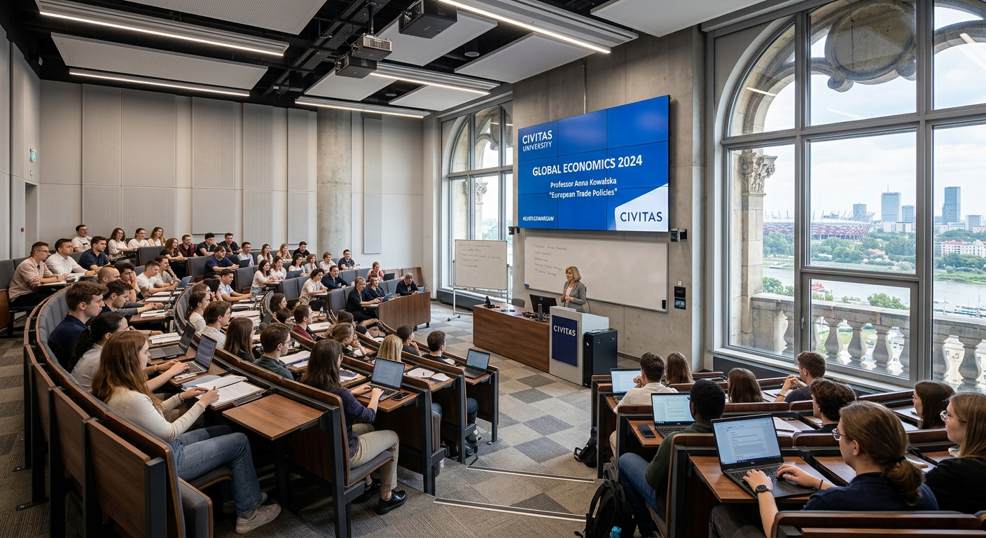 Interior of Civitas University modern lecture hall inside Palace of Culture and Science Warsaw, students seated in contemporary classroom with multimedia equipment and large windows