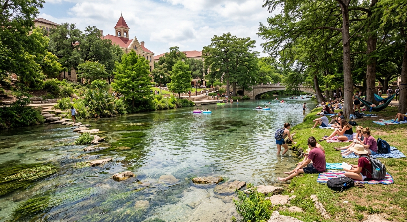 San Marcos River flowing through Texas State University campus, crystal-clear spring-fed water, lush green trees and vegetation, students relaxing along riverbanks