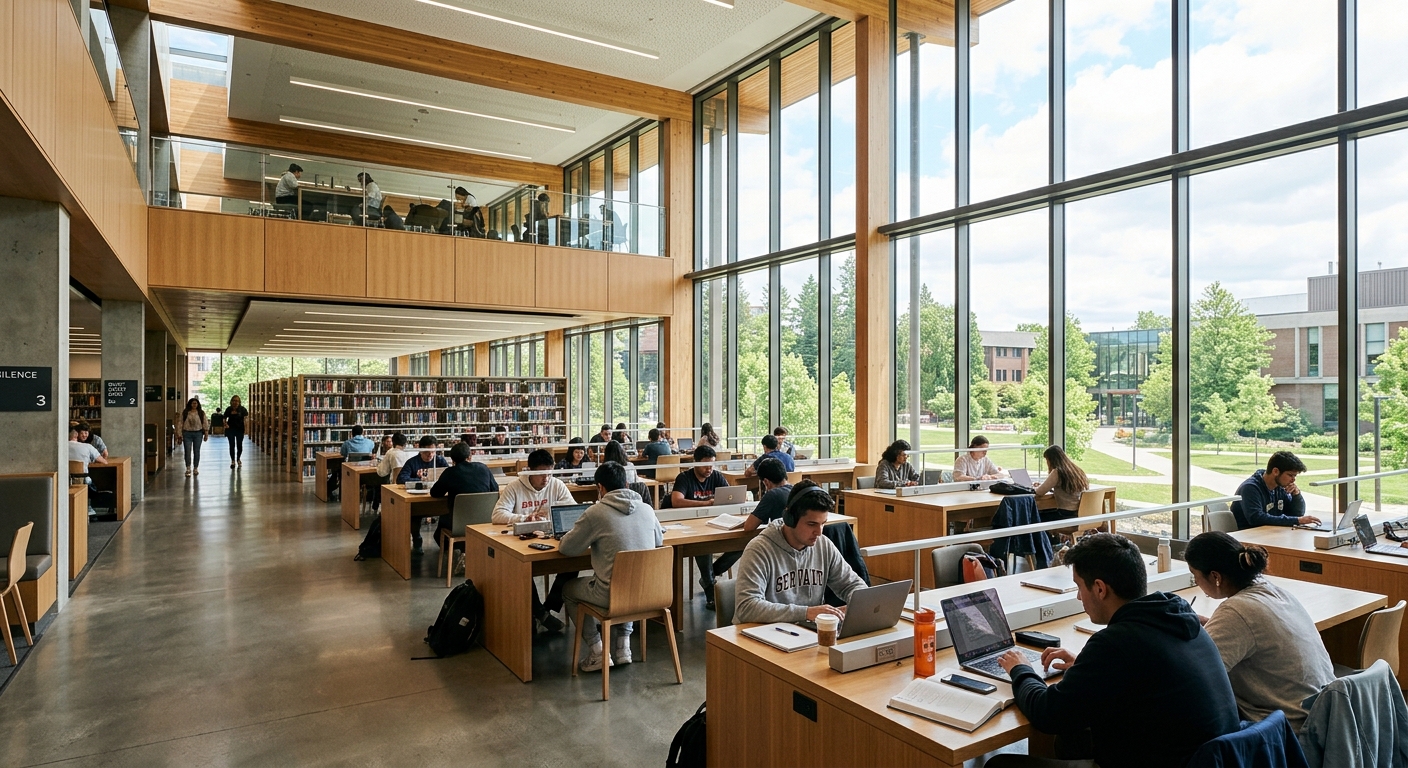 Modern university library interior with students studying at desks, large windows, contemporary architecture, natural light flooding in