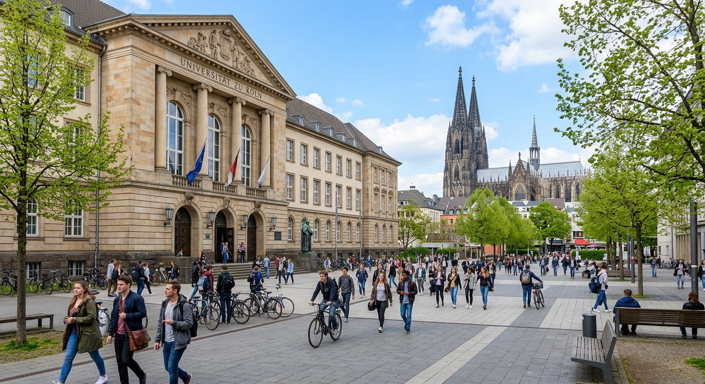 University of Cologne main building with historic facade, students walking across the Albertus-Magnus-Platz campus courtyard, Cologne Cathedral visible in the background, sunny day with green trees