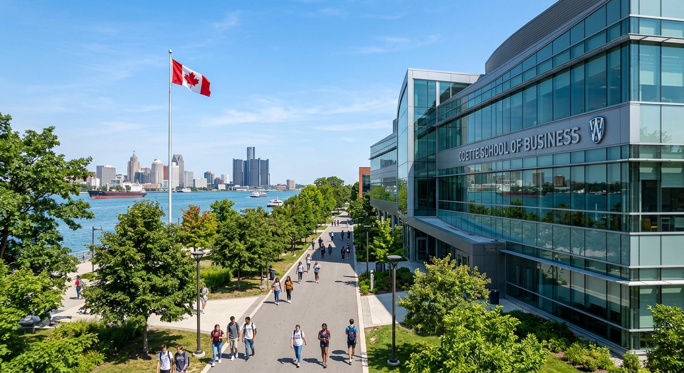 University of Windsor campus along the Detroit River, modern Odette School of Business building with glass facade, students walking on tree-lined pathways, Canadian flag visible, clear sky