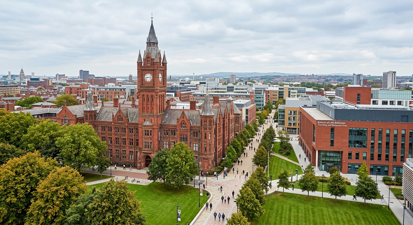 University of Liverpool campus wide shot showing the iconic red brick Victoria Building with its Gothic architecture, surrounded by modern academic buildings, green lawns and tree-lined pathways under soft overcast English sky