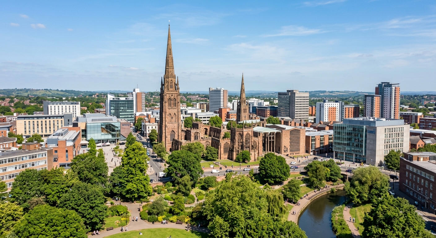 Coventry city skyline with historic cathedral spire and modern buildings, West Midlands England, green parks and urban landscape, clear sky