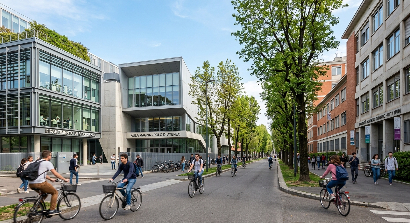 Modern laboratory buildings and lecture halls at the Citta Studi campus of the University of Milan, tree-lined streets with students on bicycles, contemporary architecture mixed with mid-century buildings