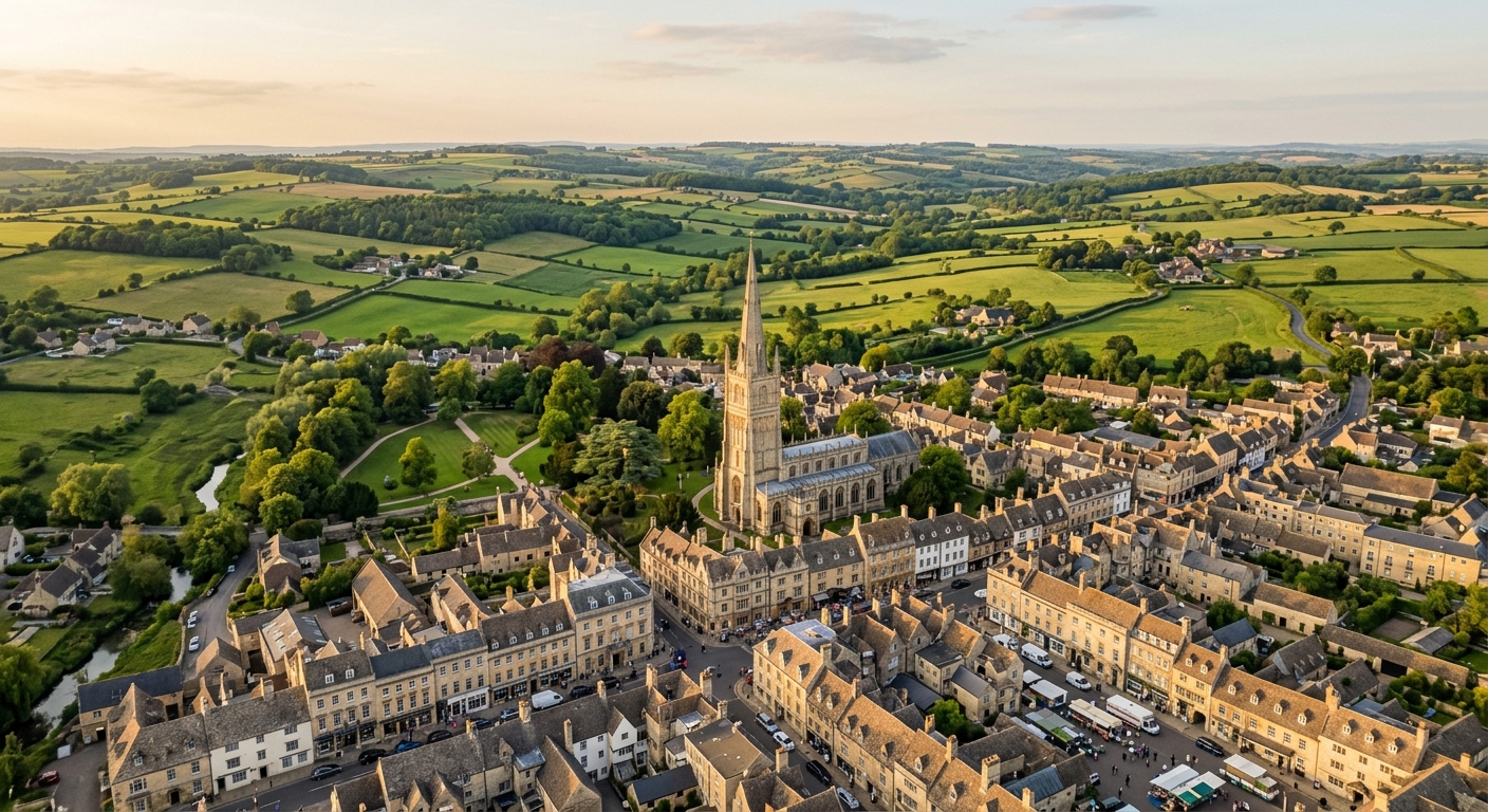 Aerial view of Cirencester market town in the Cotswolds, historic church spire, honey-coloured stone buildings, green rolling hills, English countryside, warm light