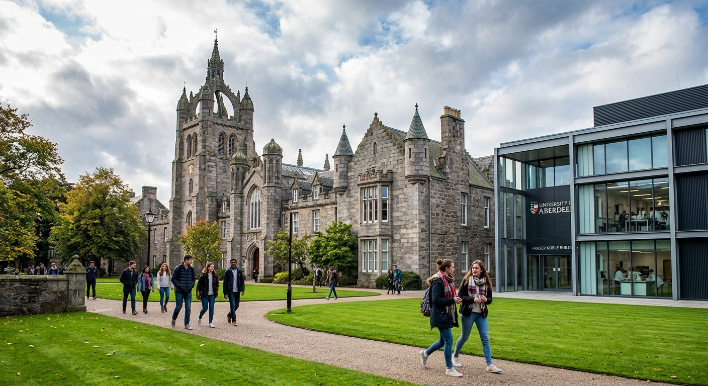 Historic granite campus buildings of the University of Aberdeen with modern engineering laboratories, students walking through Old Aberdeen campus grounds under Scottish skies, green lawns and medieval stone architecture