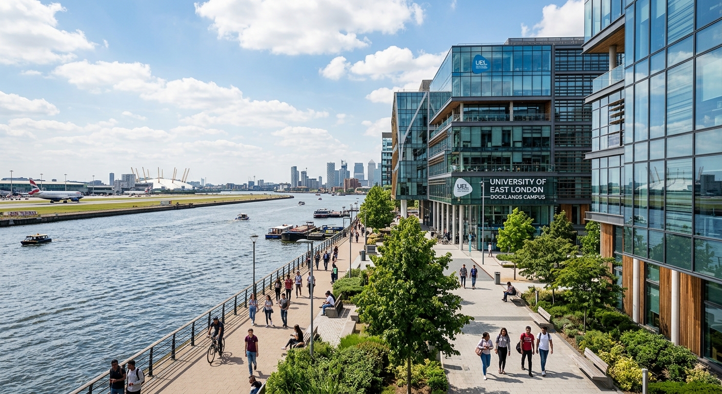 Modern waterfront university campus at Docklands London with contemporary glass buildings, students walking along paths near the river Thames, blue sky with scattered clouds, London City Airport visible in the background