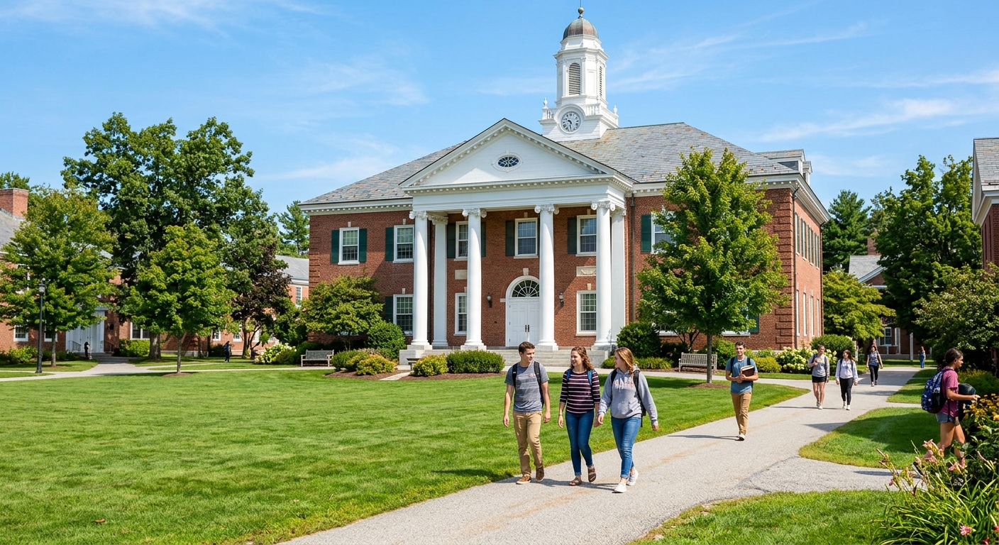 Colgate Hall at Colby-Sawyer College, historic brick academic building with white columns, green lawn in foreground, students walking on pathways, bright sunny day