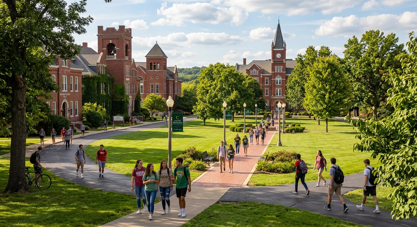 Scenic rural campus of Central Methodist University in Fayette Missouri, historic red brick buildings surrounded by green lawns and mature trees, students walking along tree-lined pathways on a sunny day