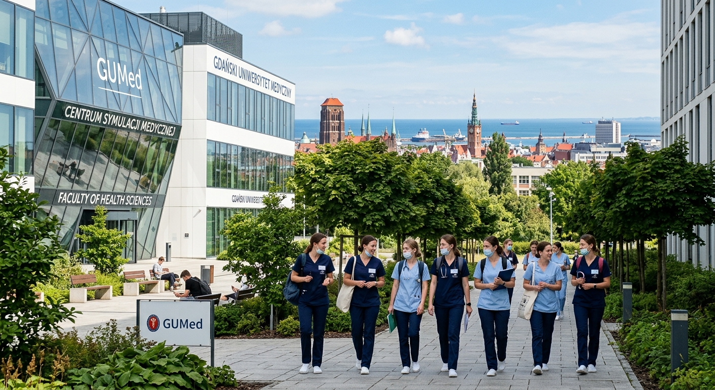 Medical University of Gdansk campus building with modern architecture, nursing students in clinical uniforms walking through a tree-lined courtyard, Baltic Sea city skyline in the background, bright daylight