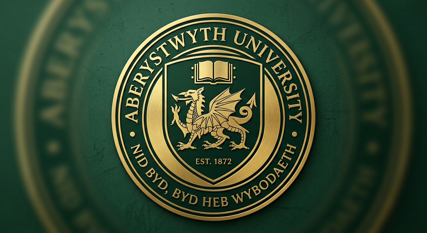 Aberystwyth University official logo, shield crest with Welsh dragon motif and university motto, dark green and gold color scheme