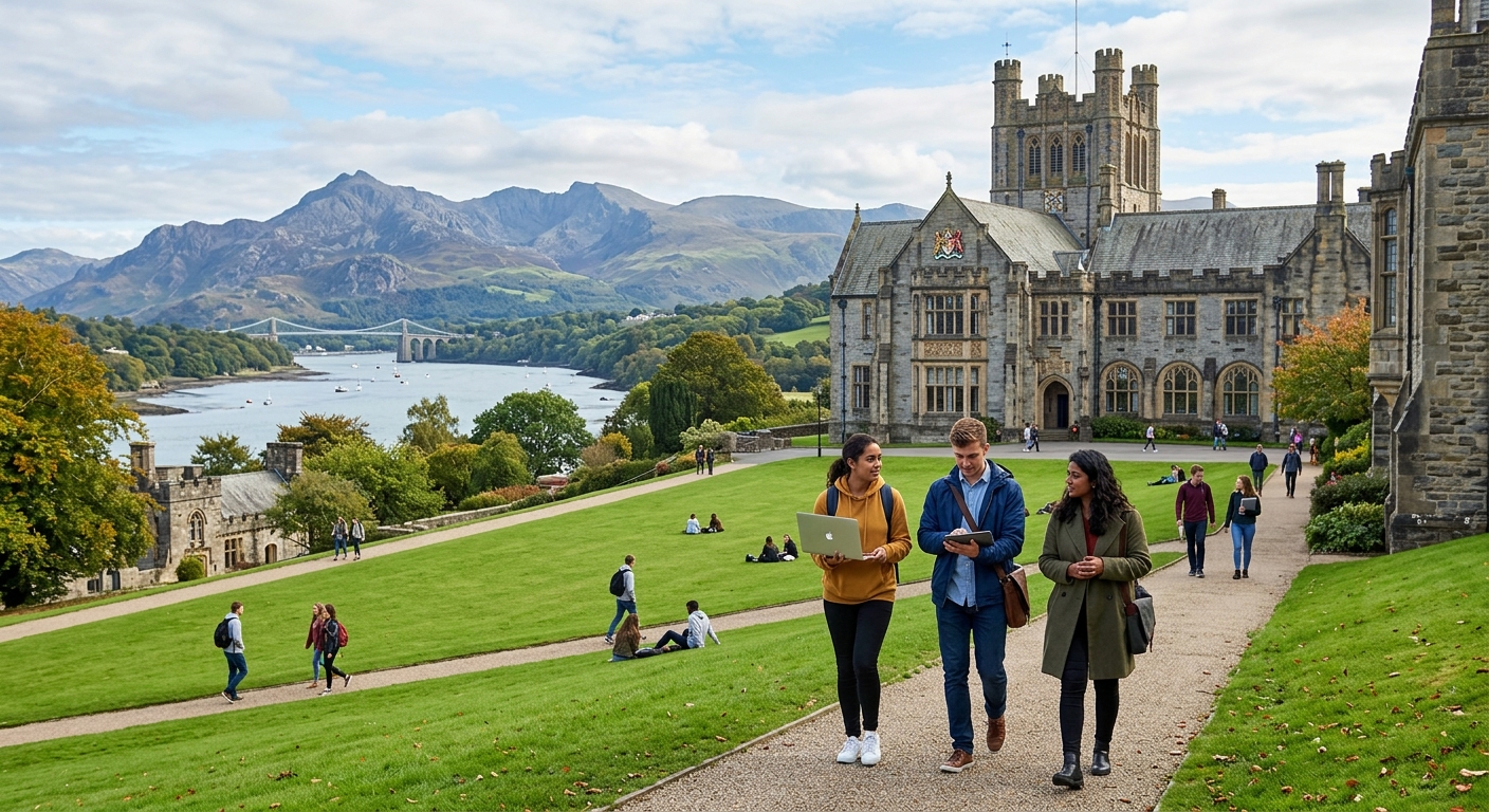 Bangor University campus with historic Victorian buildings set against the backdrop of Snowdonia mountains and the Menai Strait in North Wales, students walking across green lawns with laptops