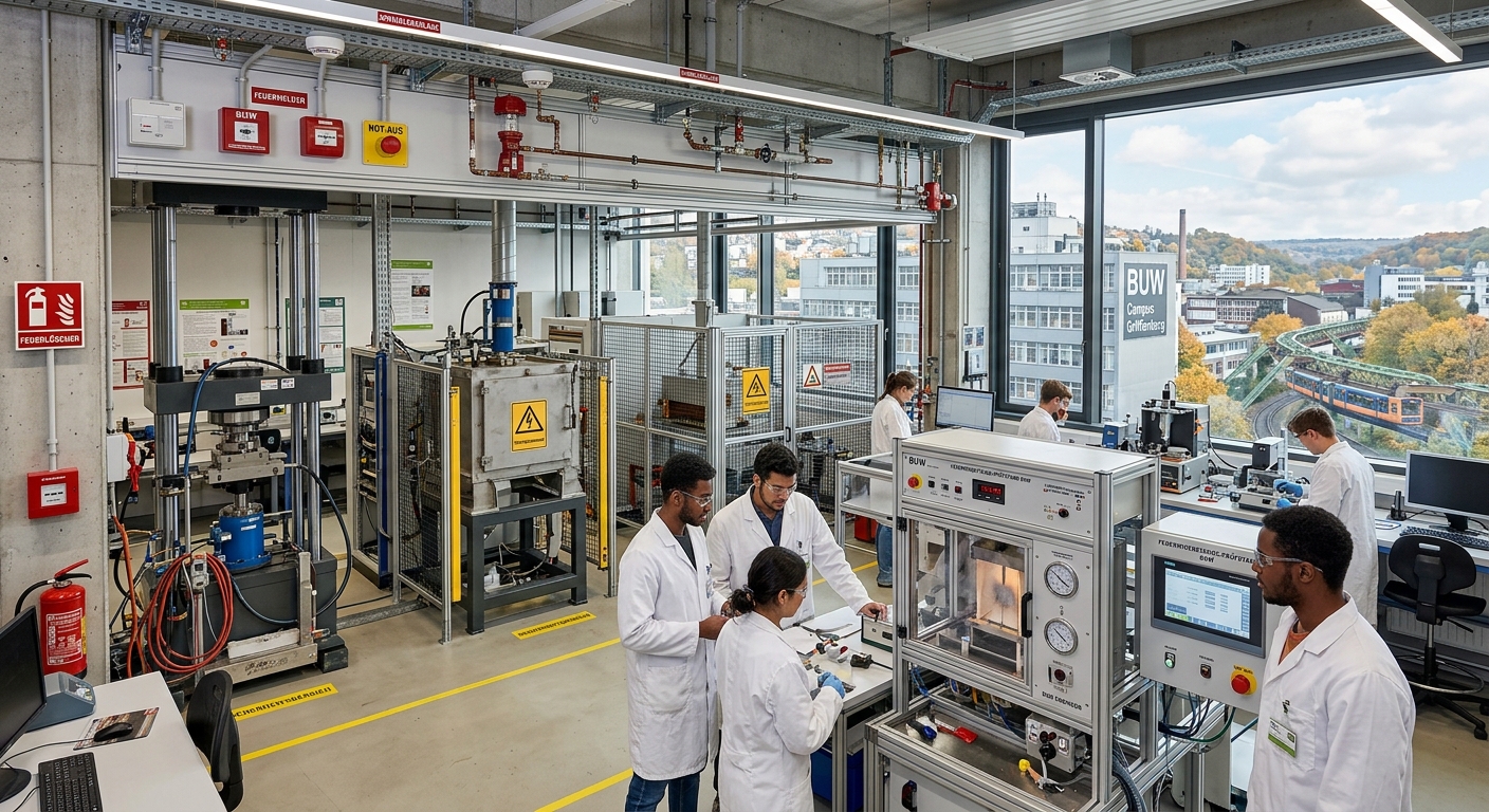Modern engineering laboratory at the University of Wuppertal with safety testing equipment, fire protection systems, and students conducting experiments, industrial campus setting in Wuppertal, Germany