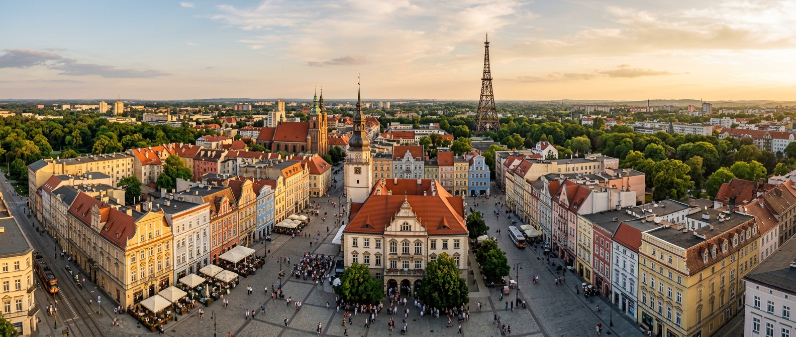 Panoramic view of Gliwice city center Poland, historic Market Square with colorful tenement houses, Town Hall building, Gliwice Radio Tower visible in background, green parks, warm afternoon light