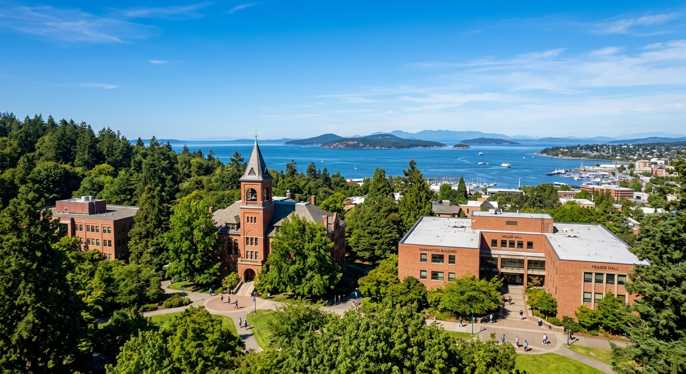 Western Washington University campus in Bellingham with green trees, red-brick academic buildings, and views of Bellingham Bay and the San Juan Islands under a clear Pacific Northwest sky