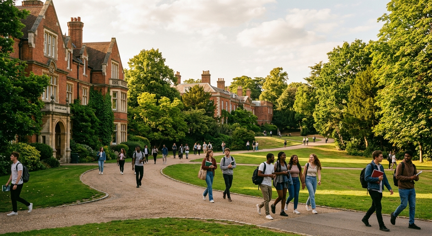 University of Roehampton green parkland campus in southwest London, historic college buildings surrounded by trees, students walking along pathways between lecture halls, warm afternoon light