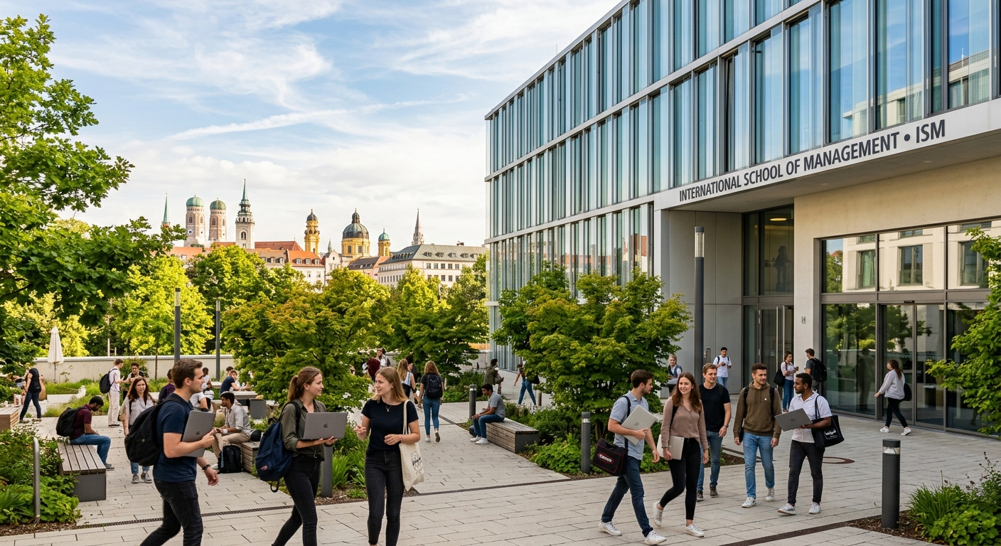 Modern ISM campus building in Germany with glass facade, students walking through a courtyard with laptops and backpacks, green trees and urban skyline in background, warm daylight