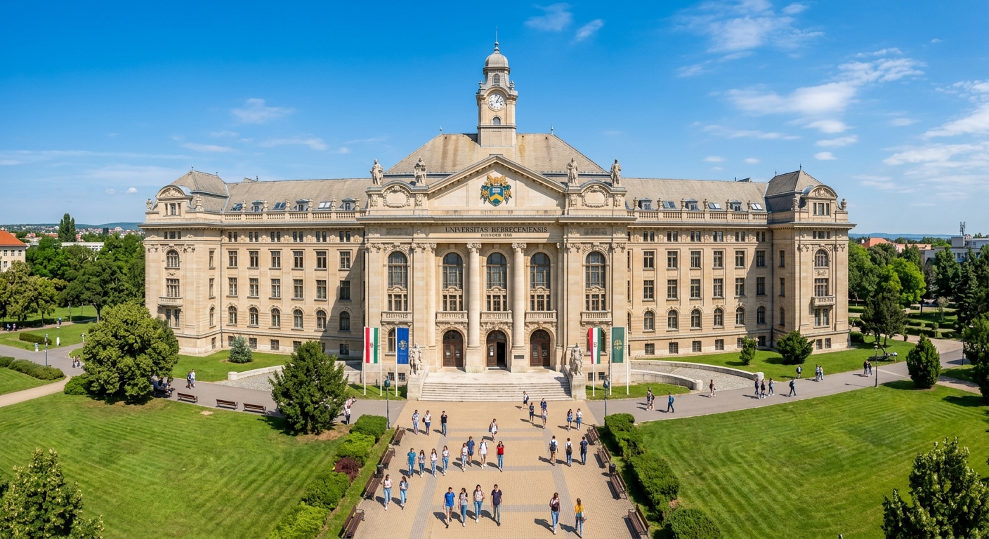University of Debrecen main building wide shot, grand neo-baroque facade with columns and symmetrical wings, green campus lawns, students walking, clear blue sky over Debrecen Hungary