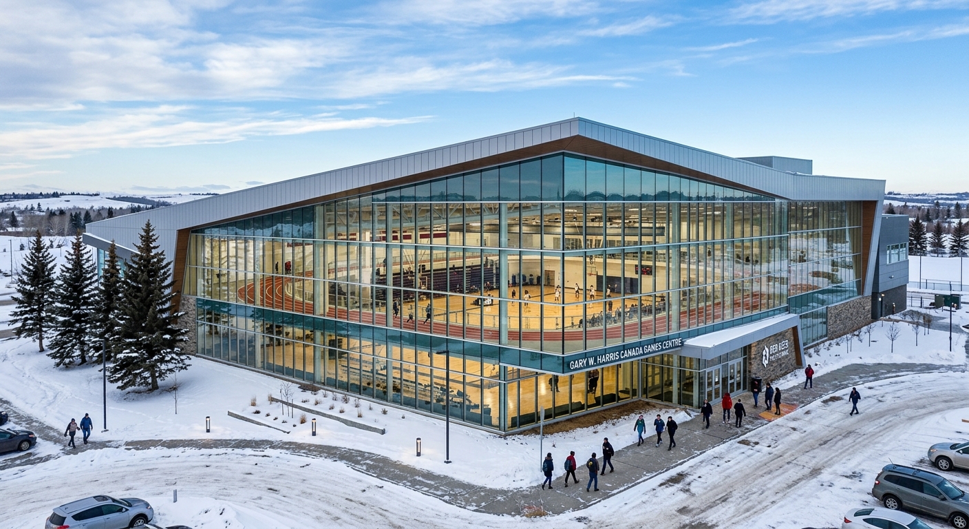Gary W. Harris Canada Games Centre at Red Deer Polytechnic, modern athletic facility with glass facade, indoor track and gymnasium visible, Alberta winter sky