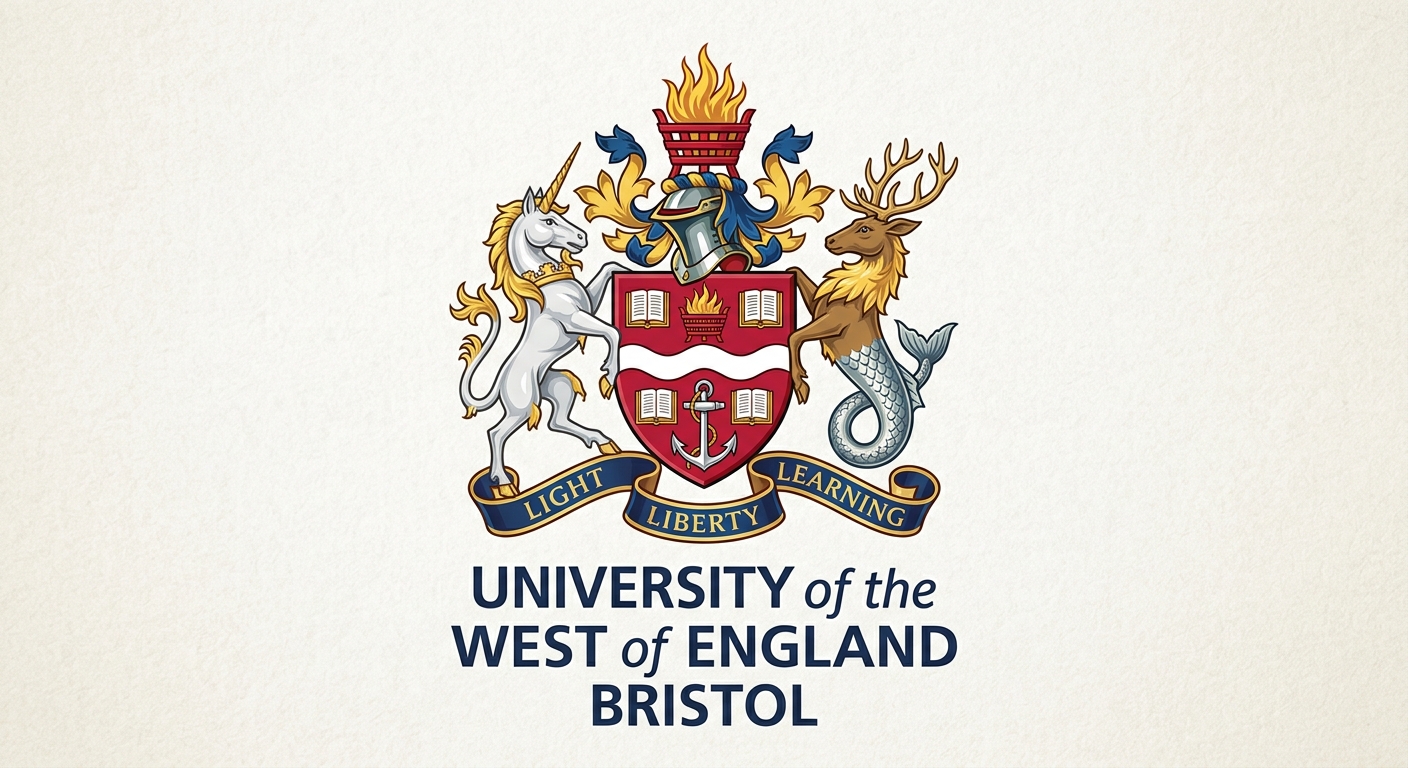 University of the West of England Bristol official logo featuring the UWE Bristol crest with unicorn and sea stag supporters, firebasket, shield with wavy line, and the motto Light Liberty Learning