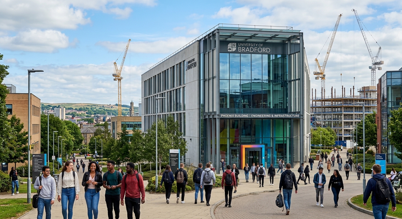 University of Bradford modern engineering building exterior with glass facade, construction cranes visible in the background against a West Yorkshire skyline, students walking on campus pathways