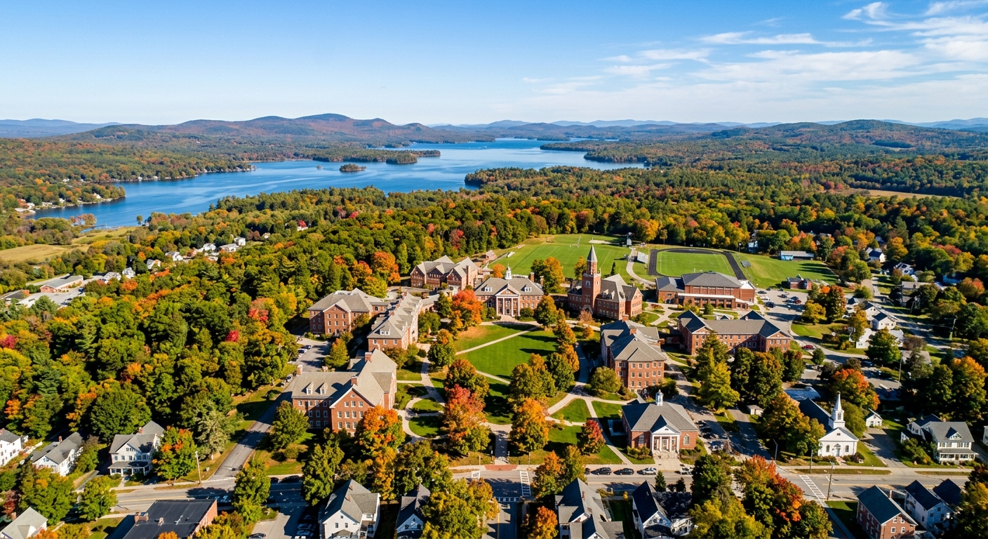 Aerial view of Colby-Sawyer College campus in New London New Hampshire, historic brick buildings surrounded by lush green trees and rolling hills, Lake Sunapee region visible in the distance, autumn foliage, clear blue sky