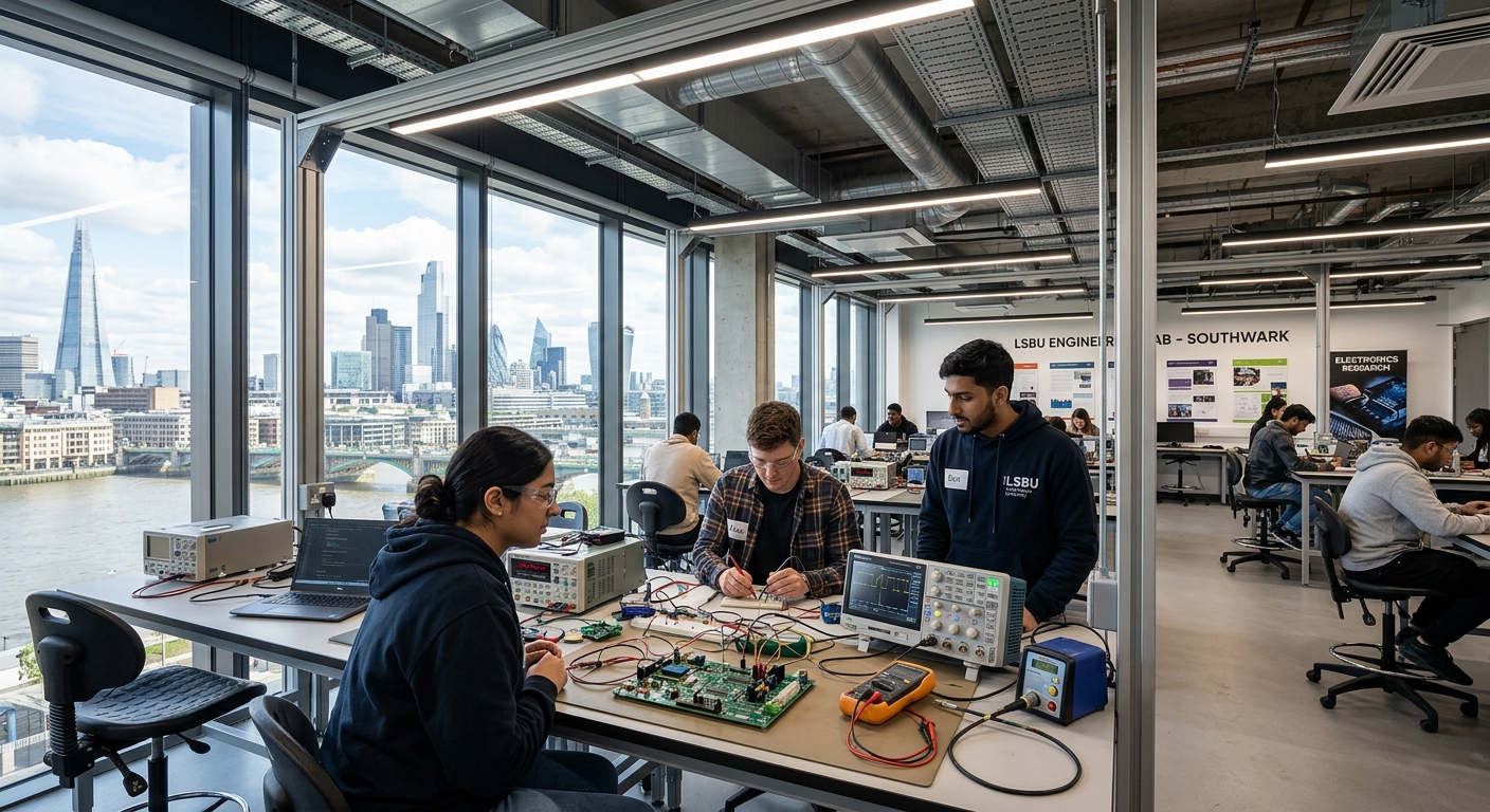 Modern engineering laboratory at London South Bank University Southwark campus, students working with electronic circuit boards and oscilloscopes, bright overhead lighting, industrial-style ceiling with exposed ducts, city of London visible through large windows
