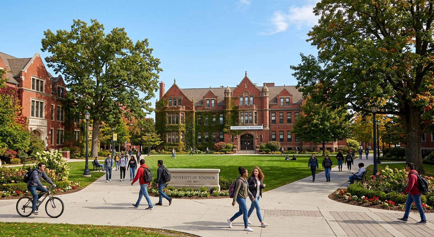 University of Windsor campus in Ontario Canada, historic red brick academic buildings surrounded by green lawns and mature trees, students walking along pathways, with a clear blue sky overhead