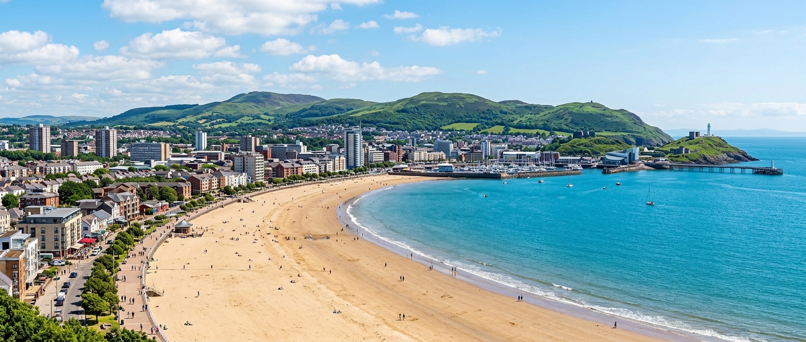 Panoramic view of Swansea Bay coastline in Wales, sandy beach curving along the waterfront, city skyline in the distance, green hills, bright sunny day