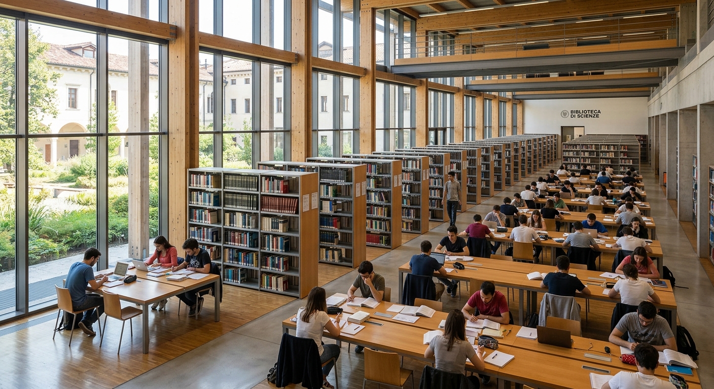 University of Udine library interior, rows of bookshelves, students studying at desks, natural light streaming through large windows, quiet academic atmosphere