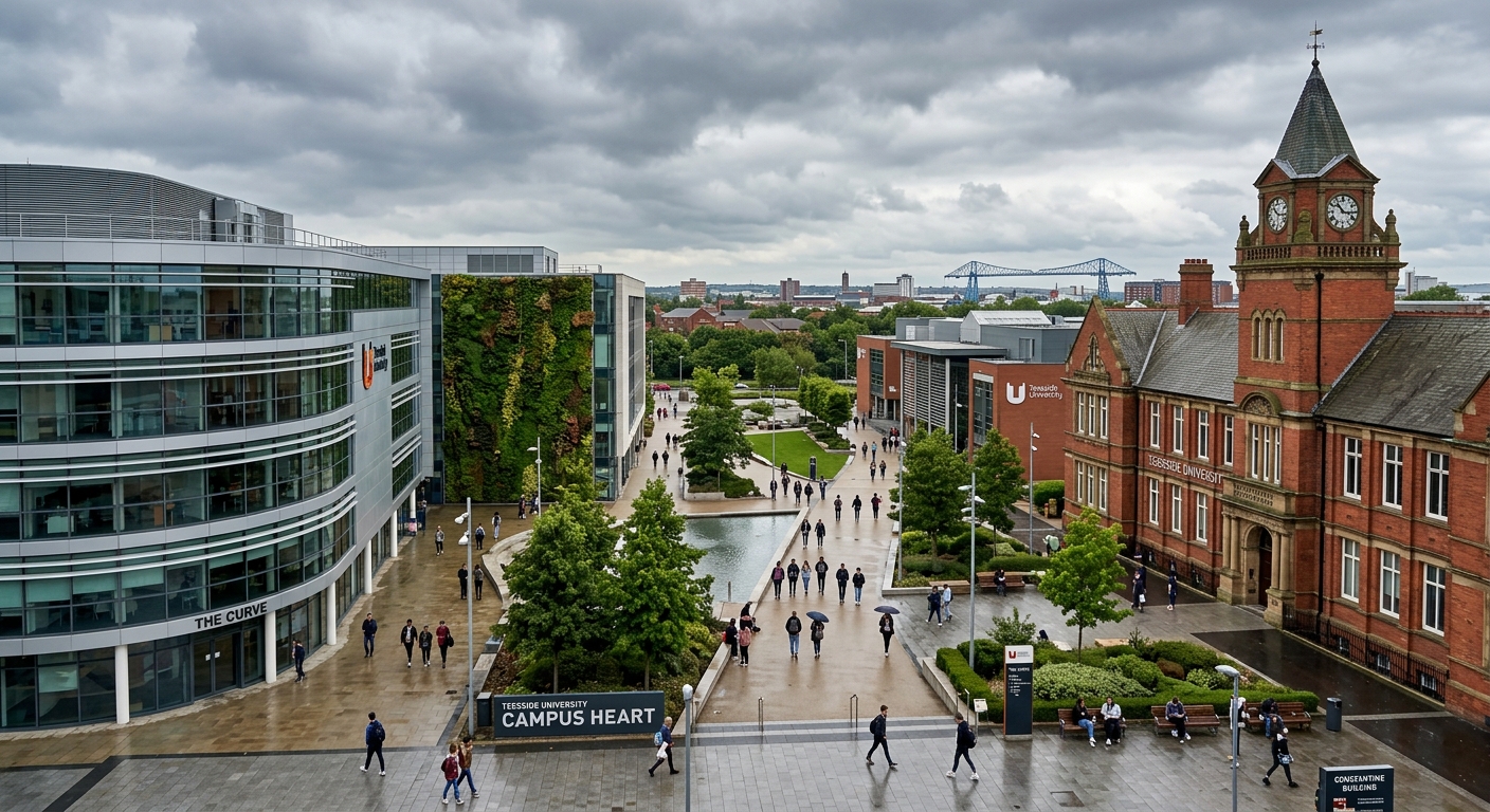Teesside University Middlesbrough campus wide shot showing The Curve building, Campus Heart pedestrianised area with living wall, modern glass architecture alongside historic Constantine building, overcast English sky