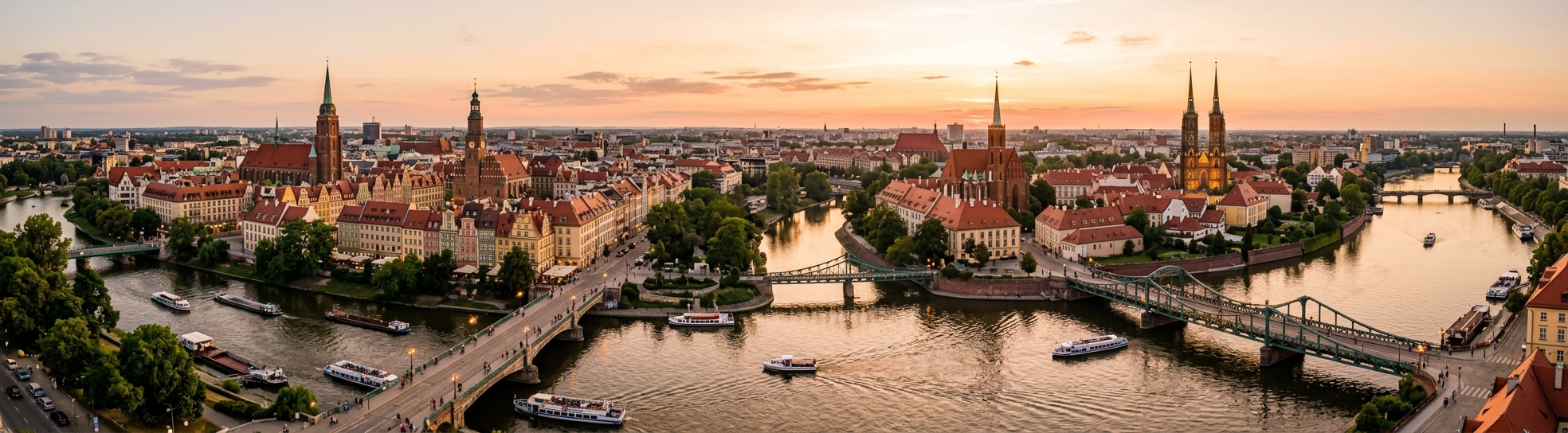 Panoramic view of Wroclaw city skyline featuring the Oder River, colorful historic townhouses of the Market Square, Cathedral Island spires, bridges connecting river islands, warm golden hour lighting