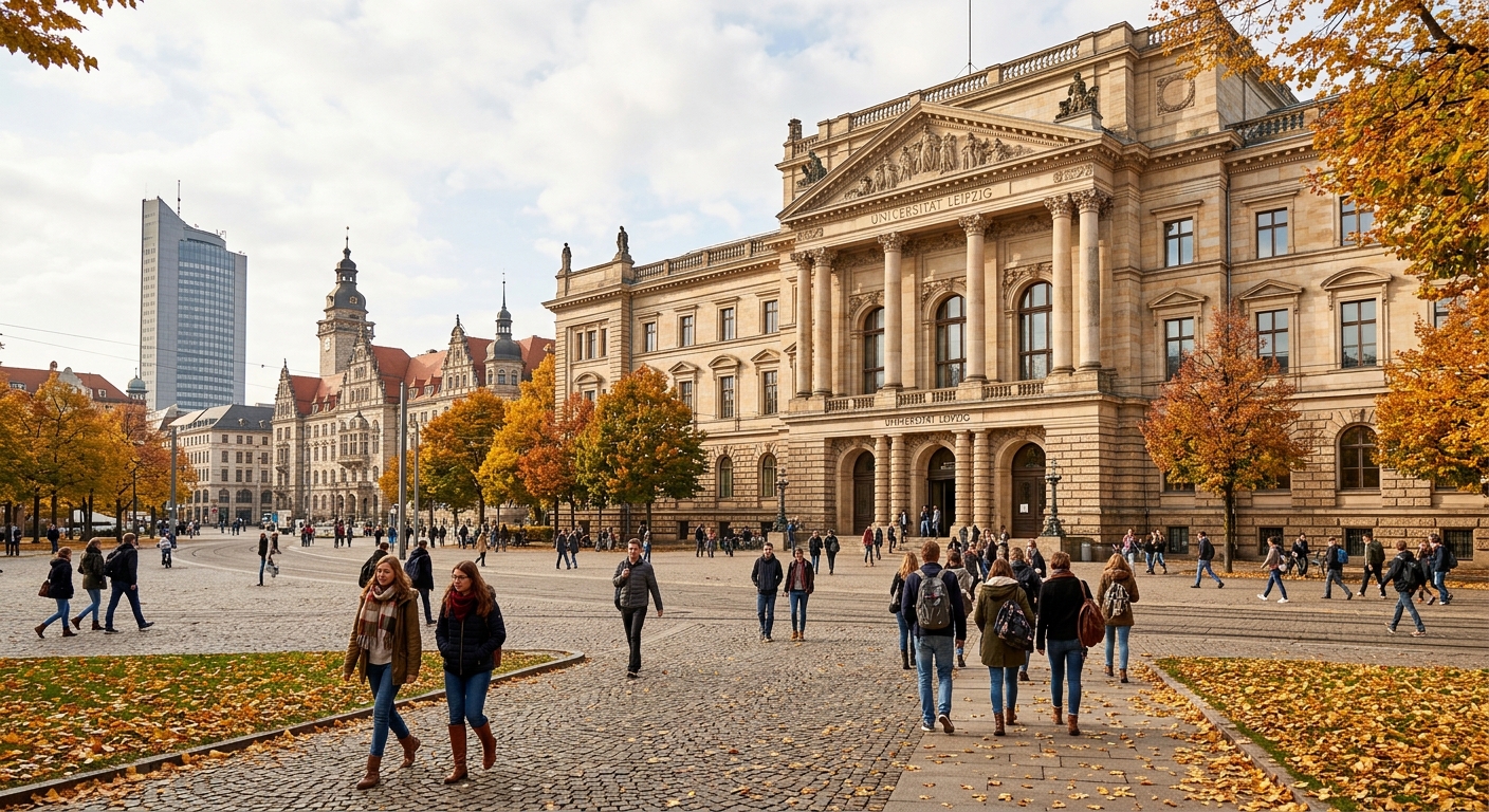 Historic University of Leipzig campus building with neoclassical architecture, students walking through the Augustusplatz courtyard, Leipzig cityscape in the background, autumn atmosphere with golden leaves