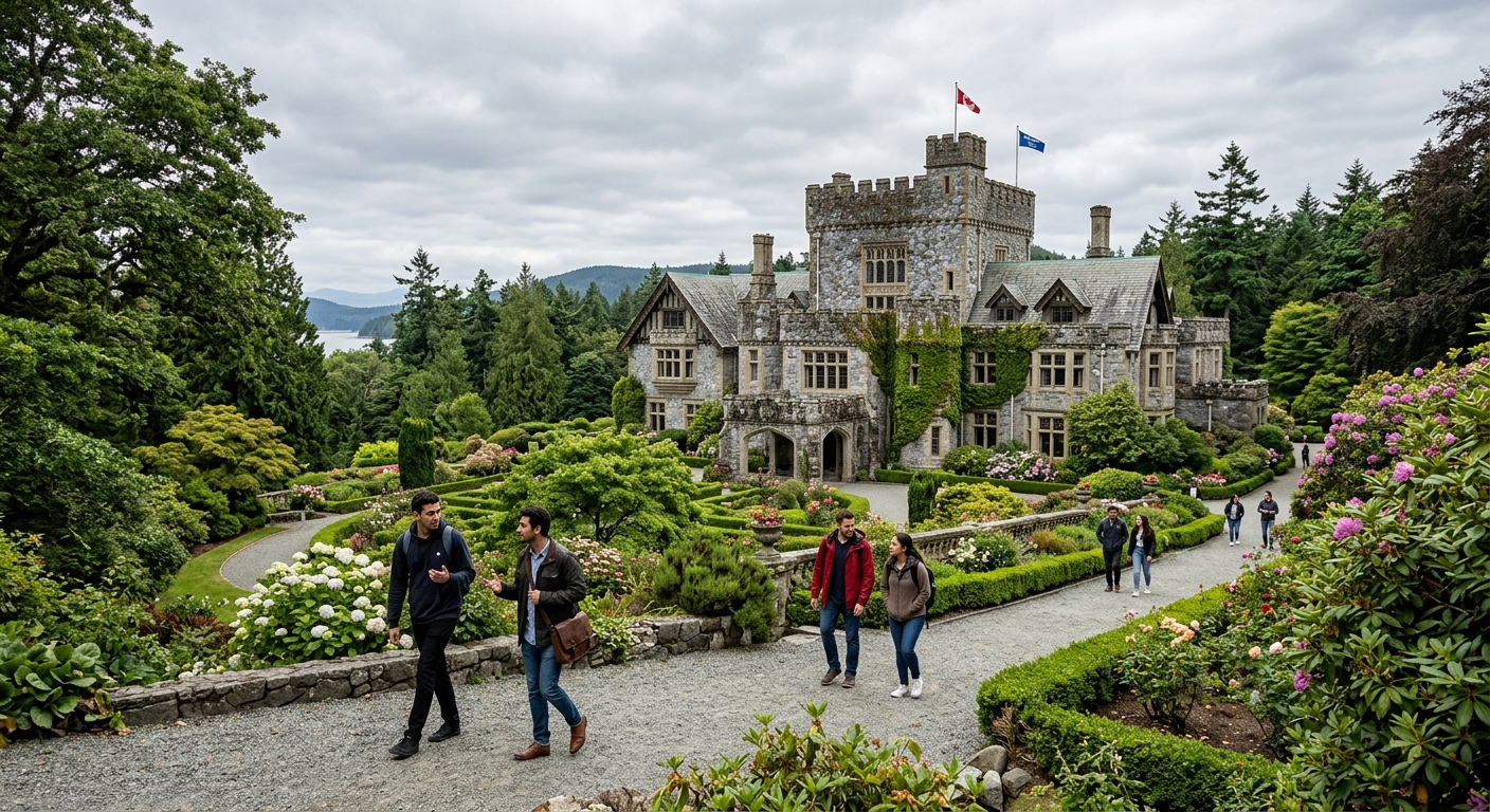 Historic Hatley Castle at Royal Roads University campus surrounded by lush gardens and Pacific Northwest forest, with students walking along pathways under overcast sky, Vancouver Island British Columbia