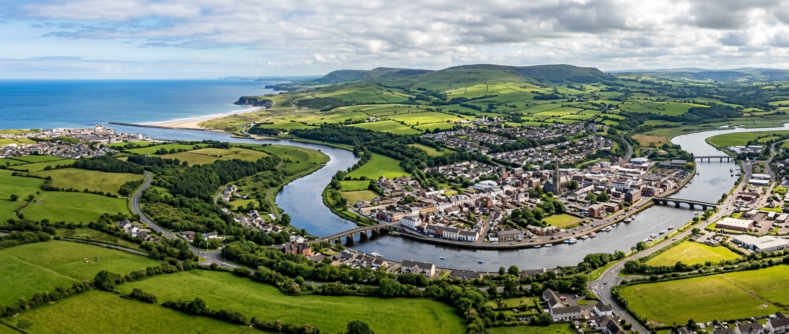Panoramic view of Coleraine town and the River Bann in Northern Ireland, with green hills in the background and the Atlantic coastline visible in the distance