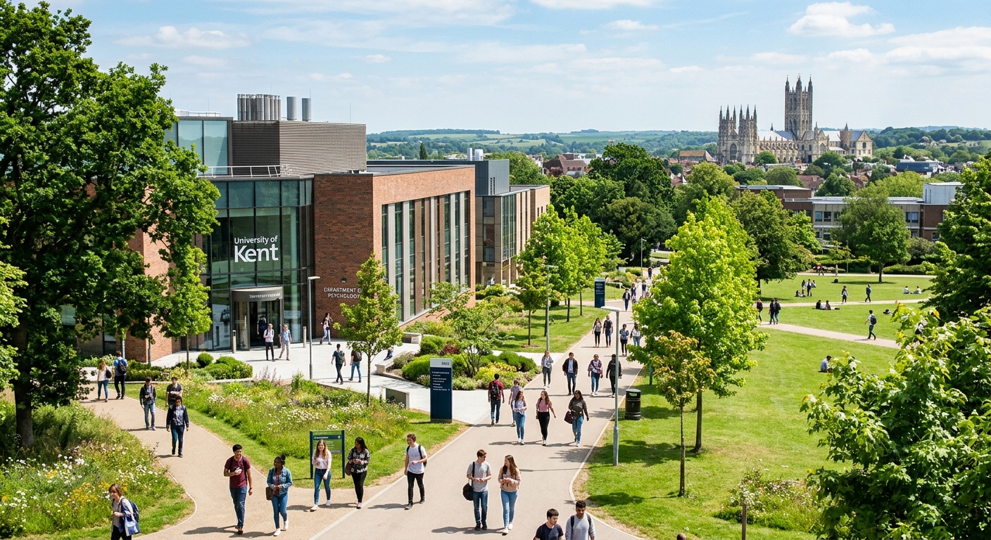 University of Kent Canterbury campus with modern psychology building, green parkland surroundings, students walking along tree-lined paths, historic Canterbury Cathedral visible in the background, bright sunny day