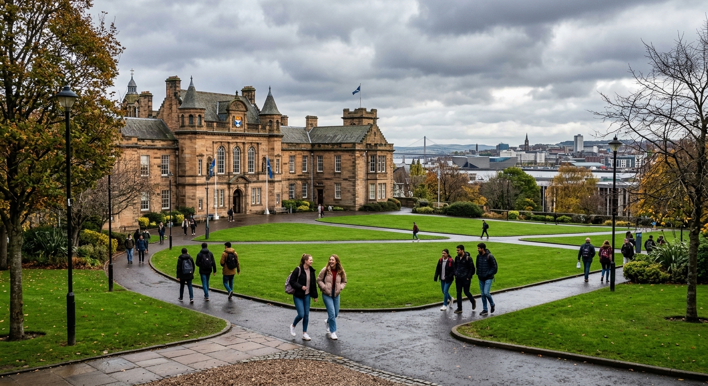 Historic University of Dundee campus buildings with green lawns, students walking along pathways, Dundee city skyline in background, overcast Scottish sky, sandstone architecture