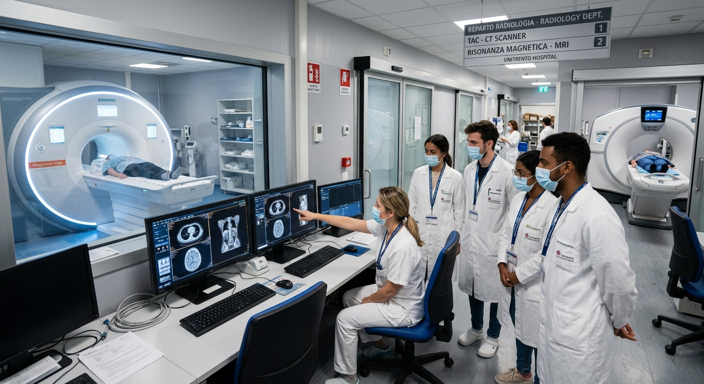 Modern radiology department with medical imaging equipment including CT scanner and MRI machine, medical technology students in white coats observing diagnostic procedures, bright clinical environment at University of Trento hospital facility in Italy