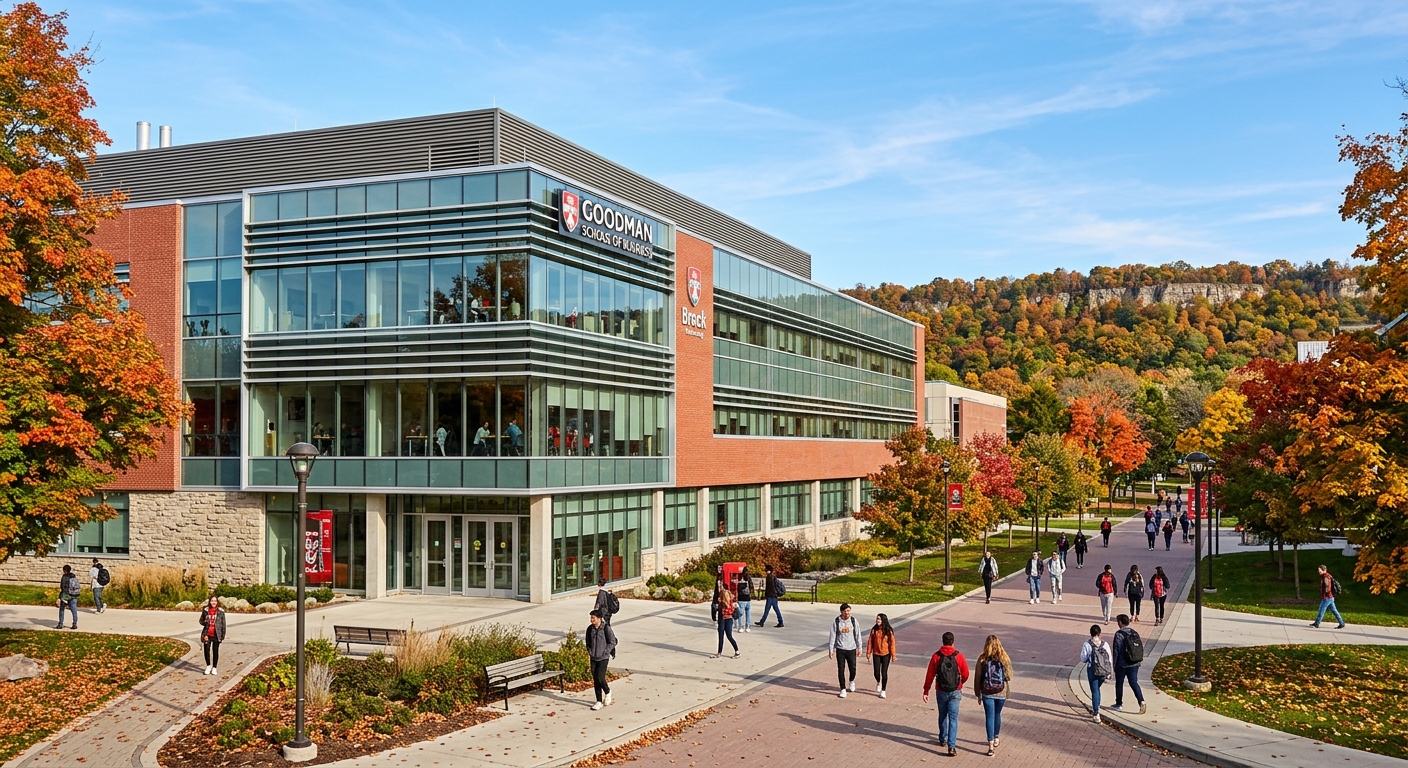 Modern Goodman School of Business building at Brock University campus in St. Catharines, Ontario, with students walking along tree-lined pathways, Niagara Escarpment visible in the background, bright autumn day