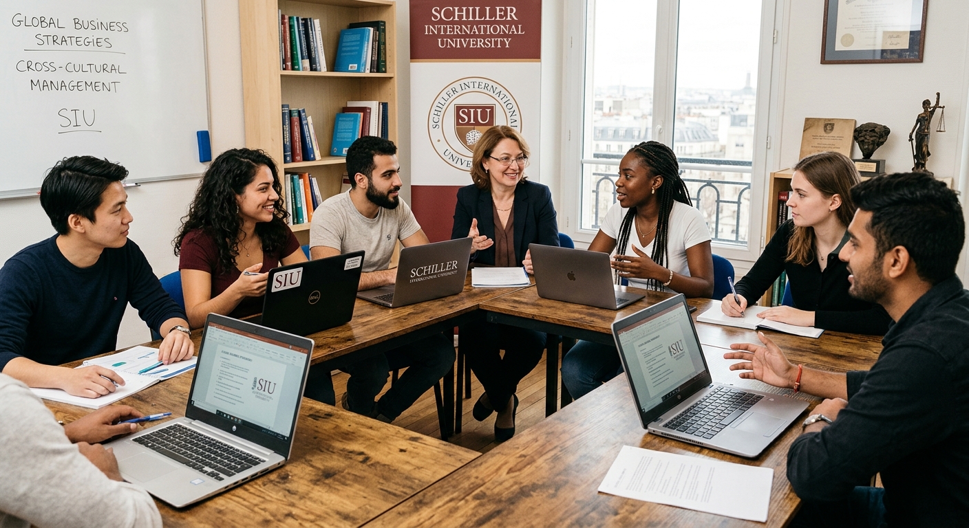 Schiller International University students from diverse backgrounds working together in a small seminar-style classroom, laptops open, engaged in discussion with professor