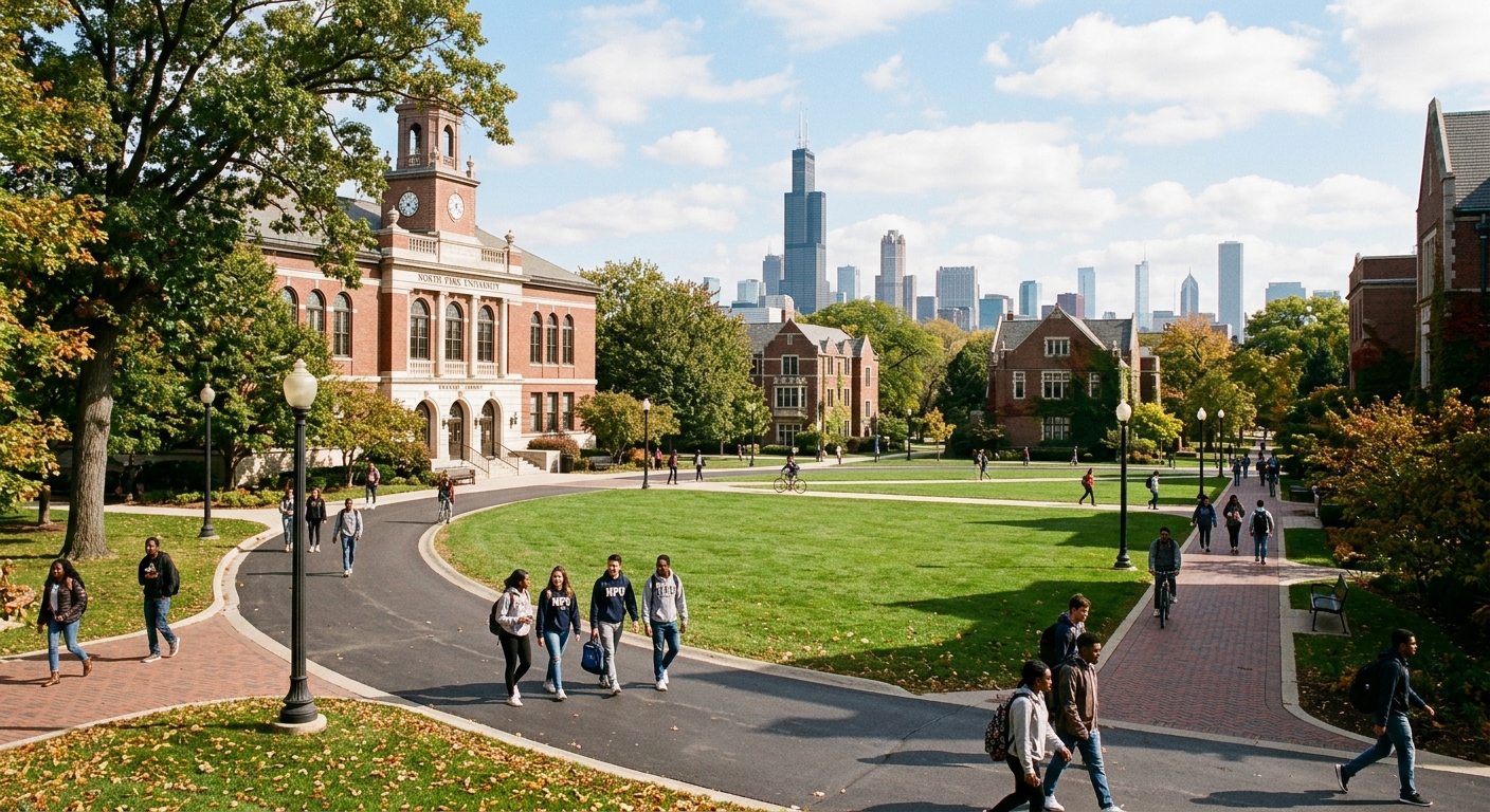 North Park University campus in Chicago with historic brick buildings, green lawns, and students walking along tree-lined pathways, urban skyline visible in the background