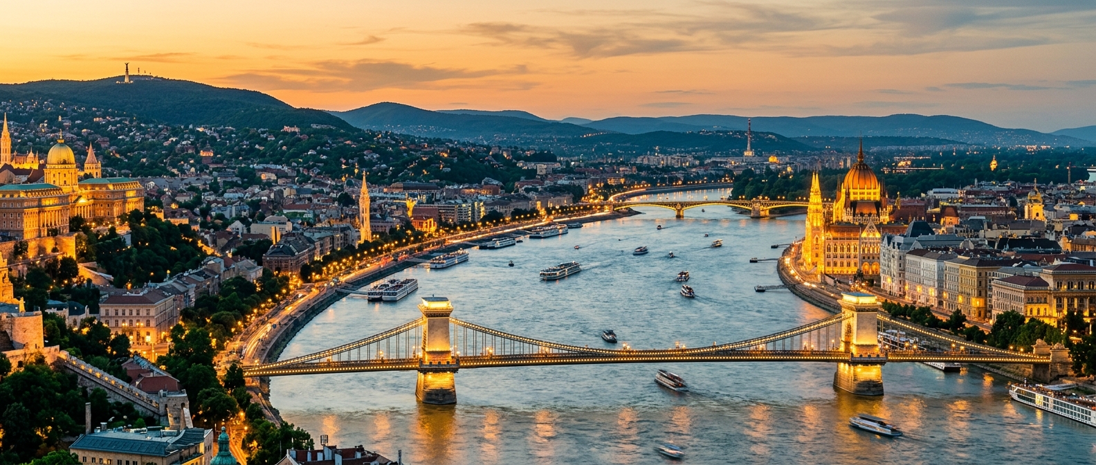 Panoramic view of Budapest cityscape at golden hour, Danube River flowing between Buda and Pest, Hungarian Parliament Building illuminated, Chain Bridge in foreground, historic architecture and green hills