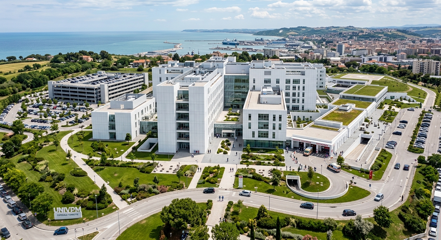 Torrette Biological and Health Care Campus of UNIVPM Ancona, hospital-integrated medical faculty building, white modern architecture, landscaped grounds
