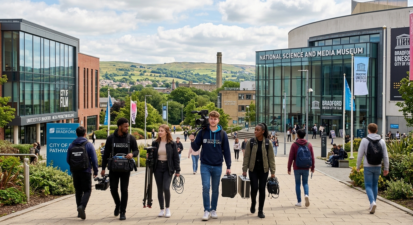 University of Bradford campus with modern media production building, students carrying camera equipment walking past the National Science and Media Museum in Bradford UNESCO City of Film, Yorkshire landscape in background