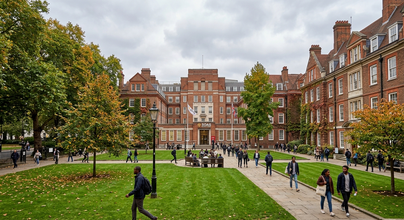 SOAS University of London Bloomsbury campus wide shot, historic red-brick buildings surrounding a green courtyard, Russell Square area, leafy trees, students walking between buildings, overcast London sky