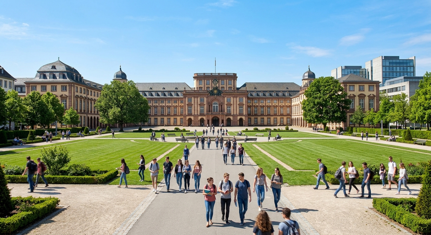 Baroque palace of the University of Mannheim with its grand courtyard, students walking along pathways, green lawns, and modern campus facilities visible in the background under a clear blue sky