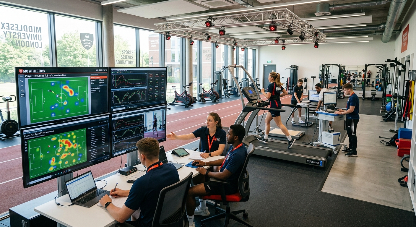 Modern sports science laboratory at Middlesex University London with performance analysis screens displaying athlete tracking data, students reviewing video footage on multiple monitors, and athletic equipment in a high-tech facility with natural lighting