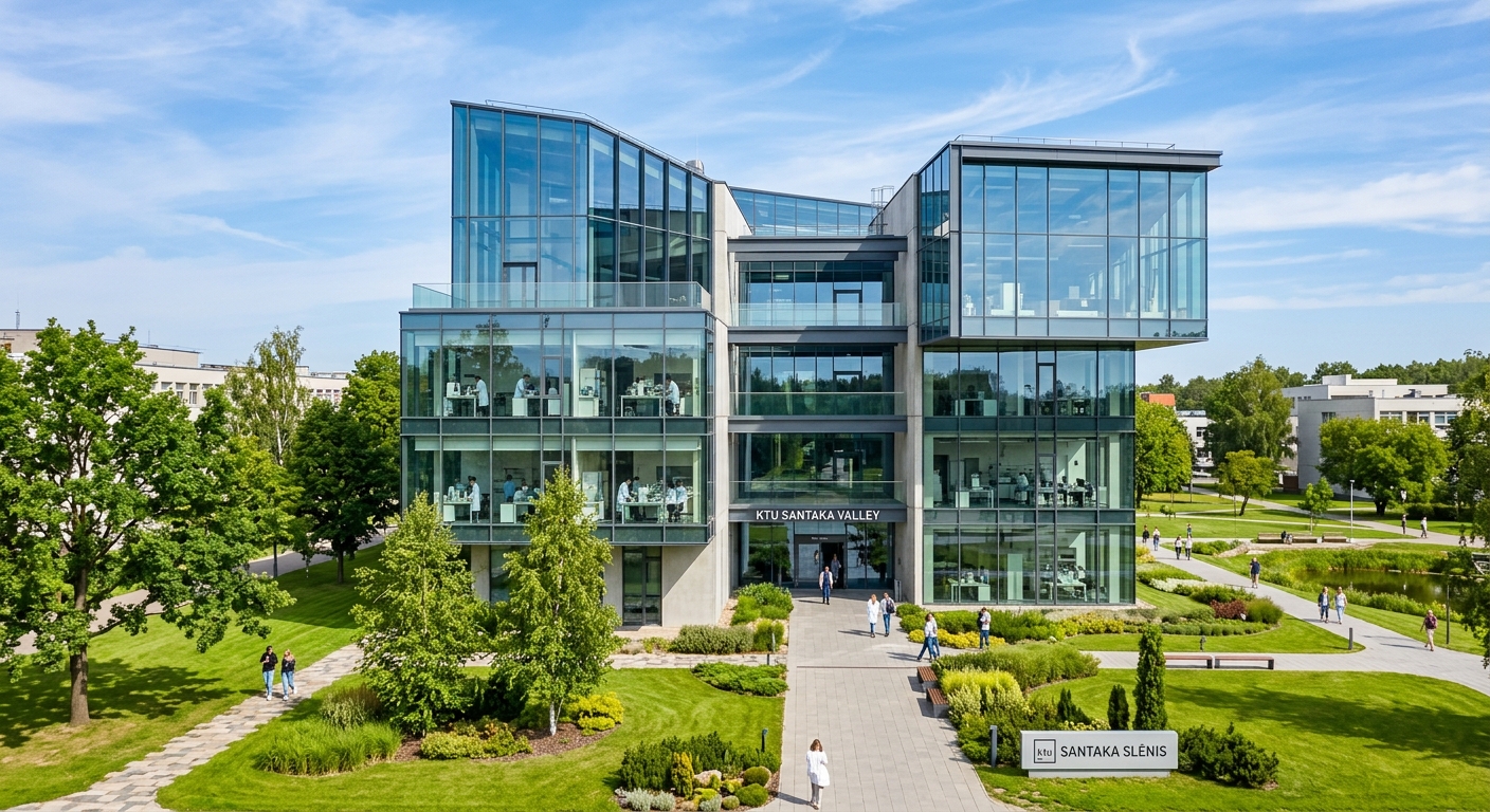 KTU Santaka Valley research centre, modern glass and steel building, green landscaping, researchers visible through windows, sunny day in Kaunas