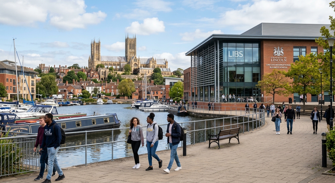 Modern University of Lincoln campus with the Brayford Pool waterfront, Lincoln International Business School building, students walking along the lakeside promenade with Lincoln Cathedral visible in the background, bright daylight